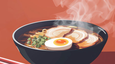 A steaming bowl of tonkotsu ramen with slices of chashu pork, bamboo shoots, and a soft-boiled eggの素材