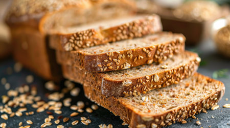 Sliced multigrain bread on a clean surface, highlighting the seeds and grains embedded in each sliceの素材