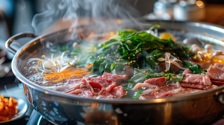 A steaming hot pot of shabu-shabu with an array of vegetables and thinly sliced beef ready to be dippedの素材