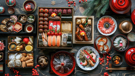 A traditional Japanese New Year spread with osechi ryori dishes arranged beautifully on a tableの素材