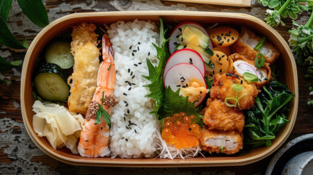 A traditional bento box filled with rice, tempura, pickles, and tamagoyaki, arranged neatlyの素材