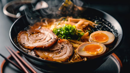 A steaming bowl of tonkotsu ramen with slices of chashu pork, bamboo shoots, and a soft-boiled eggの素材