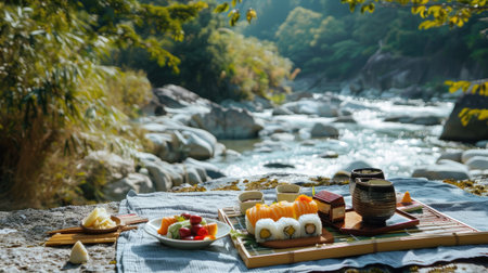 A scenic riverside setting with a picnic spread featuring onigiri, sushi, and Japanese snacksの素材