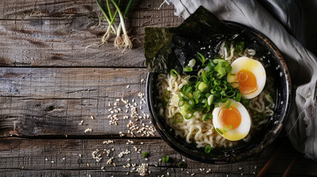 A steaming bowl of ramen topped with green onions, nori, and a soft-boiled egg on a rustic wooden tableの素材
