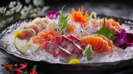 An appetizing platter of sashimi arranged on crushed ice with decorative garnishesの素材