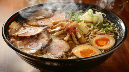 A steaming bowl of tonkotsu ramen with slices of chashu pork, bamboo shoots, and a soft-boiled eggの素材