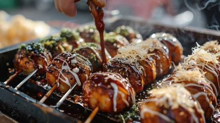 A close-up of takoyaki, octopus balls drizzled with mayo and bonito flakes, on a street vendor's cartの素材