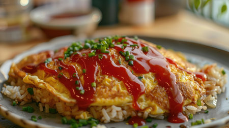 A picturesque serving of omurice, an omelet filled with fried rice, topped with ketchup in a cozy kitchenの素材