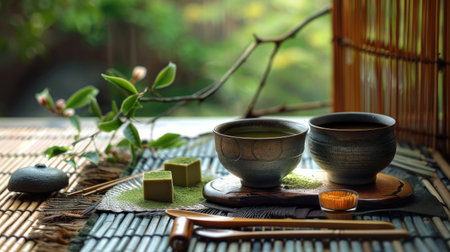 A serene tea ceremony setup with matcha, traditional sweets, and utensils on a tatami matの素材