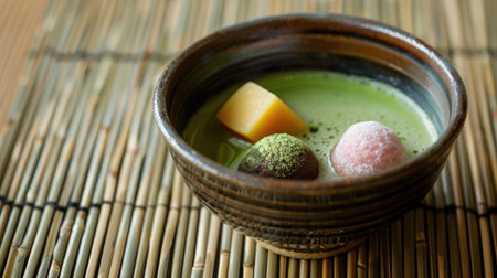 A close-up of a bowl of matcha green tea with traditional Japanese sweets on a tatami matの素材