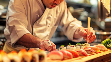 A detailed shot of a sushi chef preparing fresh nigiri with precision and careの素材