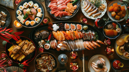 A traditional Japanese New Year spread with osechi ryori dishes arranged beautifully on a tableの素材