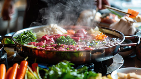 A steaming hot pot of shabu-shabu with an array of vegetables and thinly sliced beef ready to be dippedの素材