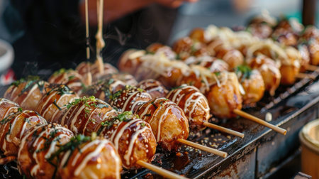 A close-up of takoyaki, octopus balls drizzled with mayo and bonito flakes, on a street vendor's cartの素材