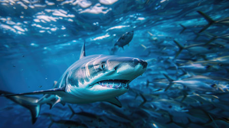 A blue shark with its teeth gleaming, swimming swiftly towards a school of fish in the ocean depthsの素材