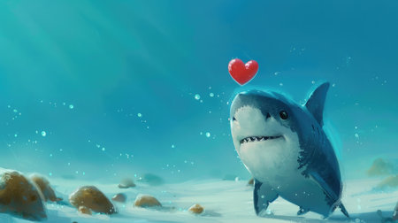 A charming cartoon shark with a heart-shaped bubble above its head, expressing love and joy underwaterの素材