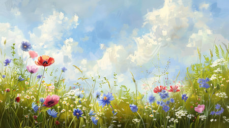 A charming painting of wildflowers, with ample space for text in the sky aboveの素材