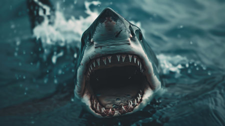 A dramatic shot of a shark's mouth wide open, with sharp teeth ready to bite down on its prey in the murky watersの素材