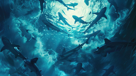 A group of sharks swimming in synchrony, their movements creating a dynamic and captivating scene in the open seaの素材
