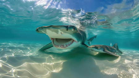 A hammerhead shark hunting in shallow waters, its sharp teeth clearly visible as it targets a stingrayの素材