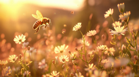 A bee in flight over a lush field of blooming flowers, bathed in warm sunlight and swaying in the breezeの素材