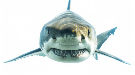 A front-facing view of a shark, highlighting its eyes and sharp teeth, clearly defined against a white backgroundの素材