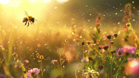 A scenic meadow with a bee flying low over the flowers, sunlight dappling the grass and a light windの素材