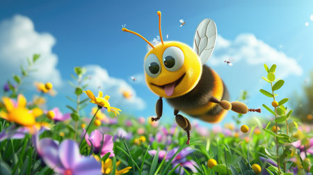 A cute cartoon bee with big, smiling eyes, flying over a colorful meadow of flowers on a sunny dayの素材