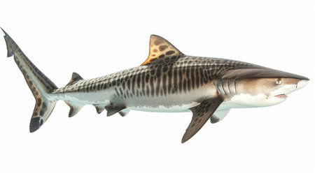 A detailed side view of a tiger shark, showcasing its distinctive stripes and sharp fins against a white backgroundの素材