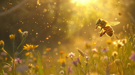 A close-up of a bee hovering above a meadow, with flowers below and sunlight filtering through the grassの素材