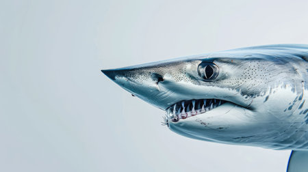 A close-up of a mako shark, with its sharp teeth and dynamic body, vividly outlined against a white backgroundの素材