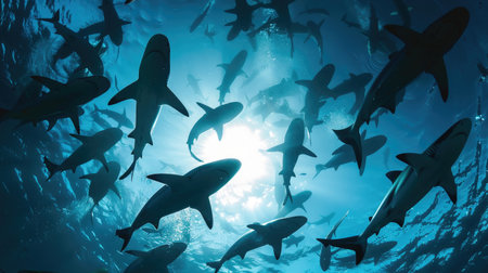 A group of sharks swimming in synchrony, their movements creating a dynamic and captivating scene in the open seaの素材