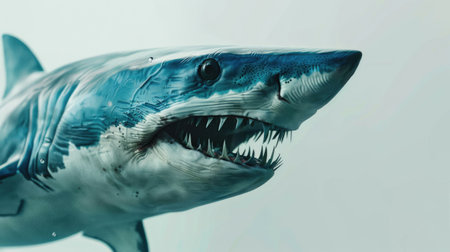 A close-up of a mako shark, with its sharp teeth and dynamic body, vividly outlined against a white backgroundの素材