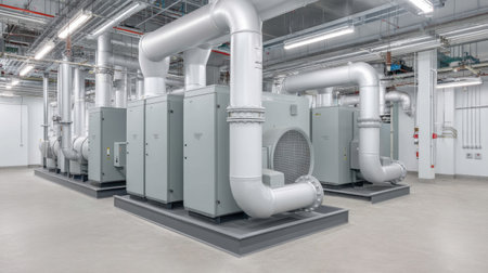 A detailed view of an industrial HVAC system showcasing essential equipment and ductwork for effective climate control in a modern commercial facility.の素材