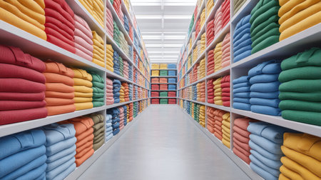 A vibrant aisle in a retail store showcases neatly folded towels in various colors, providing an inviting space for shoppers looking to enhance their home decor.の素材