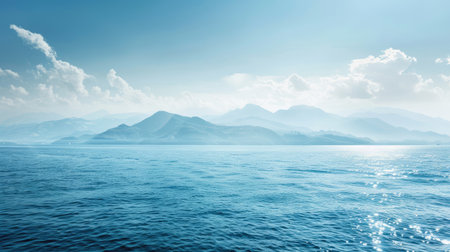 A picturesque sea with a distant island, providing a serene backdrop with space for textの素材