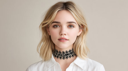 A serene portrait of a young woman with blonde hair and a stylish choker necklace. The neutral background enhances her natural beauty and inviting expression.の素材
