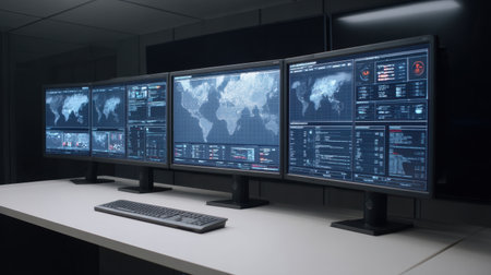 A modern control room featuring multiple high-resolution computer screens that showcase data visualizations and a world map in a sleek, high-tech environment.の素材