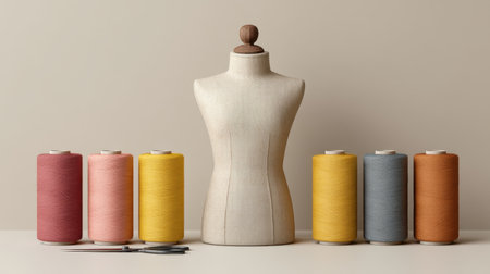 This image features a dress form surrounded by colorful thread spools, perfect for fashion projects. Ideal for crafting inspiration and showcasing sewing essentials.の素材