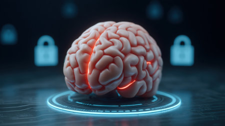 This image features a stylized human brain surrounded by digital elements and security symbols, illustrating the intersection of neuroscience, cybersecurity, and data protection.の素材