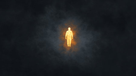 This image presents a glowing silhouette of a man enveloped in dark smoke, creating an ethereal and mystical atmosphere that captures attention and inspires creativity.の素材