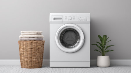 A front-loading washing machine stands elegantly in a modern laundry room, complemented by stacked towels, a woven basket, and a stylish indoor plant, creating a serene space.の素材