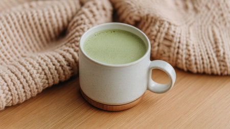 A serene scene featuring a cup of matcha tea placed on a wooden surface, accompanied by soft knit fabric, creating a cozy and inviting atmosphere for relaxation.の素材