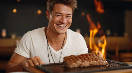 A cheerful man smiles while holding a perfectly cooked steak with flames in the background, capturing the joyful atmosphere of dining and culinary enjoyment in a restaurant.の素材