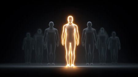 This striking image features a glowing figure standing confidently in the foreground, surrounded by shadowy silhouettes, evoking themes of individuality and presence in darkness.の素材