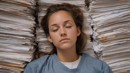 A young woman takes a moment to rest amid piles of papers and documents in a hectic office setting, illustrating the impact of stress and the need for balance in the workplace.の素材