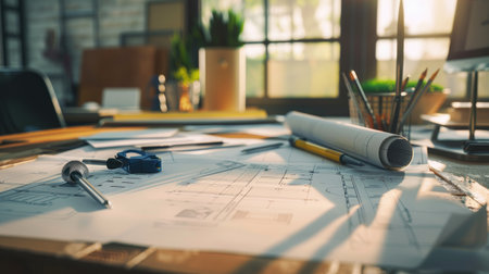 A detailed shot of blueprints and engineering tools on a desk, symbolizing the planning and design phase of industrial projectsの素材