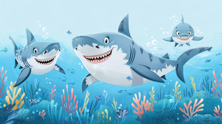 An illustration of a cute cartoon shark family, with parents and baby sharks enjoying a sunny day in the seaの素材