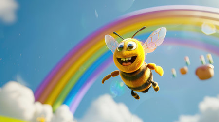 An adorable cartoon bee flying over a rainbow, with a pot of honey and a joyful smile on its faceの素材