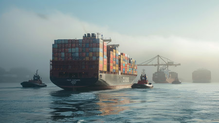 A container ship approaching a port, filled with containers, with tugboats guiding it safelyの素材